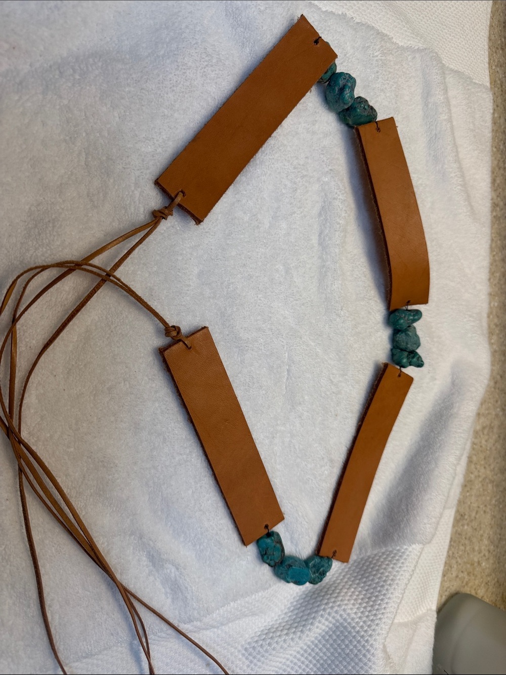 Brown Leather and Turquoise Bead Statement Tie Front  Belt